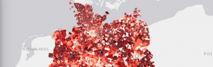 Screenshot der Webpage des Flächenrechners. In einer Deutschlandkarte sind Flächen mit unterschiedlichen Rotschattierung gefüllt.