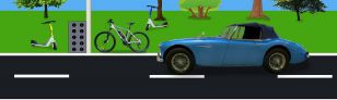 Die Collage zeigt, eine Straße auf der ein Auto fährt, dahinter ist ein Windkraftwerk zu sehen, dass eine Ladesäule speist. Drum herum stehen Fahrräder und E-Roller auf einer grünen Wiese.